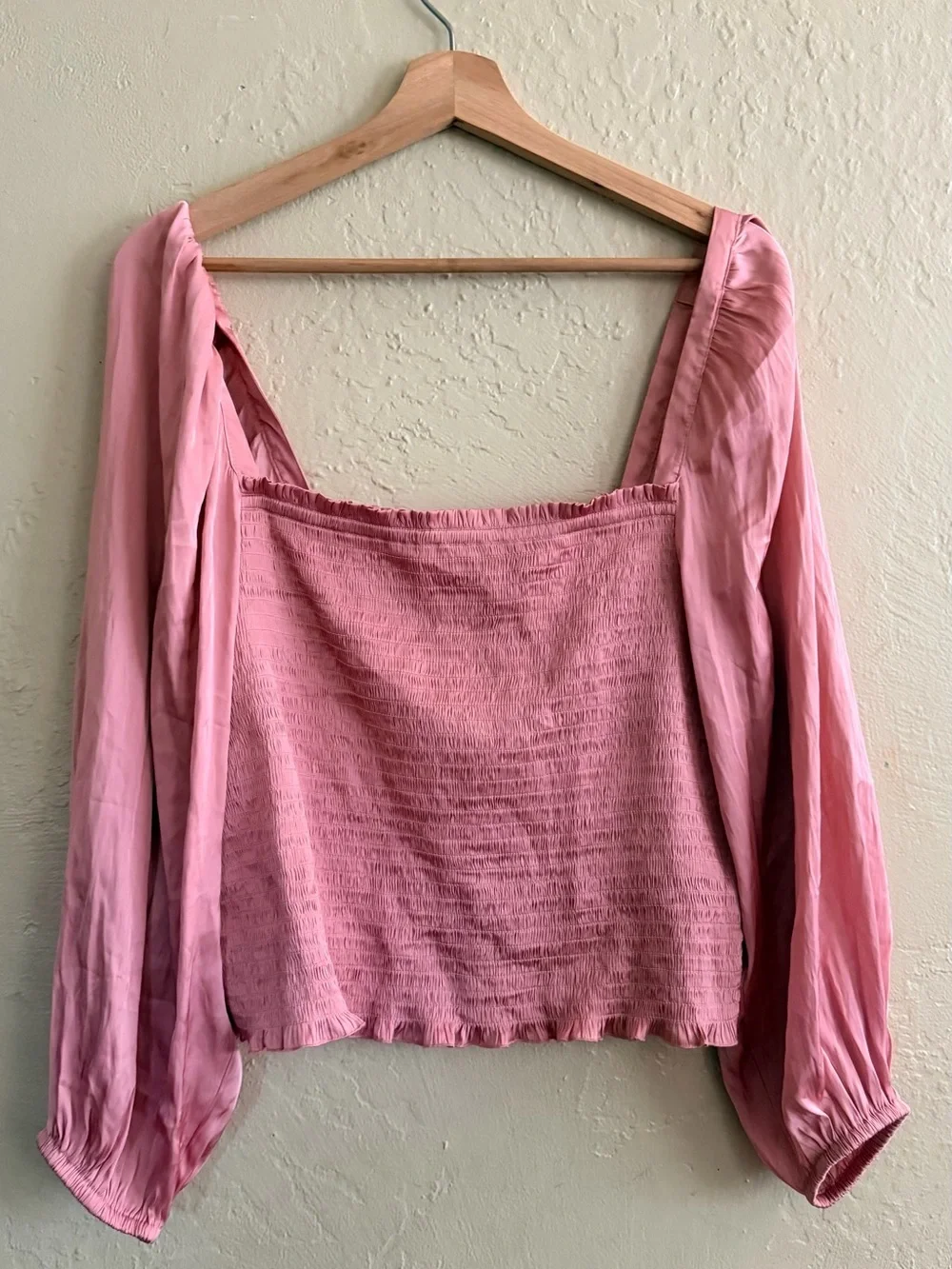 J. Crew Pink Smocked Square-Neck Blouse with Puff Sleeves